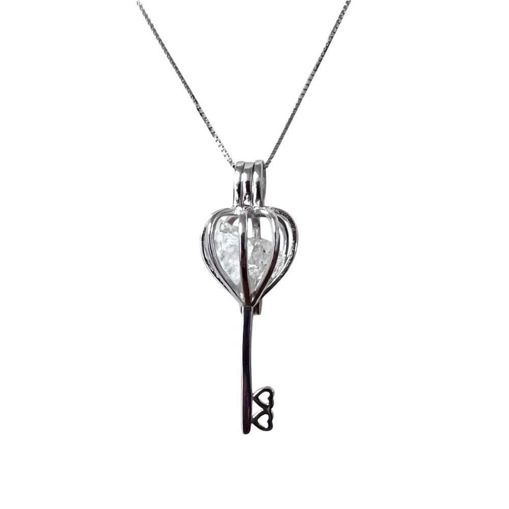 Sterling Silver Herkimer Diamond Quartz Crystal Antique Skeleton Key Necklace